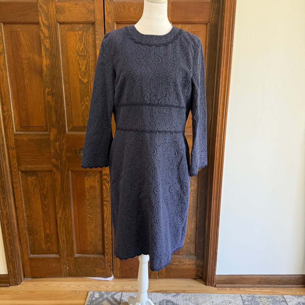 ETRO Paisley Embroidered Long Sleeve Dress ITA 46 US 10 Navy‎ Cotton Blend Milan